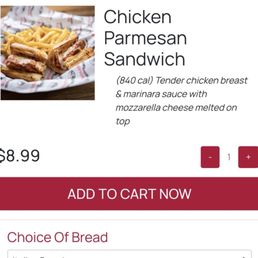 Website picture and ingredients list for Chicken Parmesan sandwich where