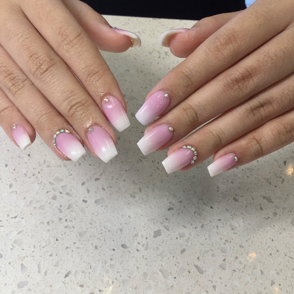 Love Nails - Pink and white ombré with gems - Nail Salons Near Me - Campbell, California Love Nails - Pink and white ombré with gems - Nail Salons Near Me - Campbell, California