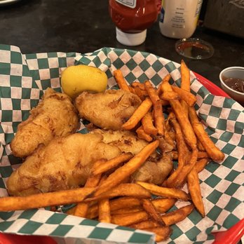 The Clover Irish Pub - Fish and Chips with Sweet Potato fries - Irish Near Me - Miami, Florida The Clover Irish Pub - Fish and Chips with Sweet Potato fries - Irish Near Me - Miami, Florida