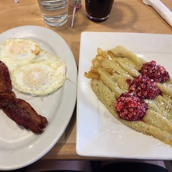 Elmer's Restaurant - Lingonberry Crepes with Eggs and Bacon - Diners Near Me - Coeur D Alene, Idaho Elmer's Restaurant - Lingonberry Crepes with Eggs and Bacon - Diners Near Me - Coeur D Alene, Idaho