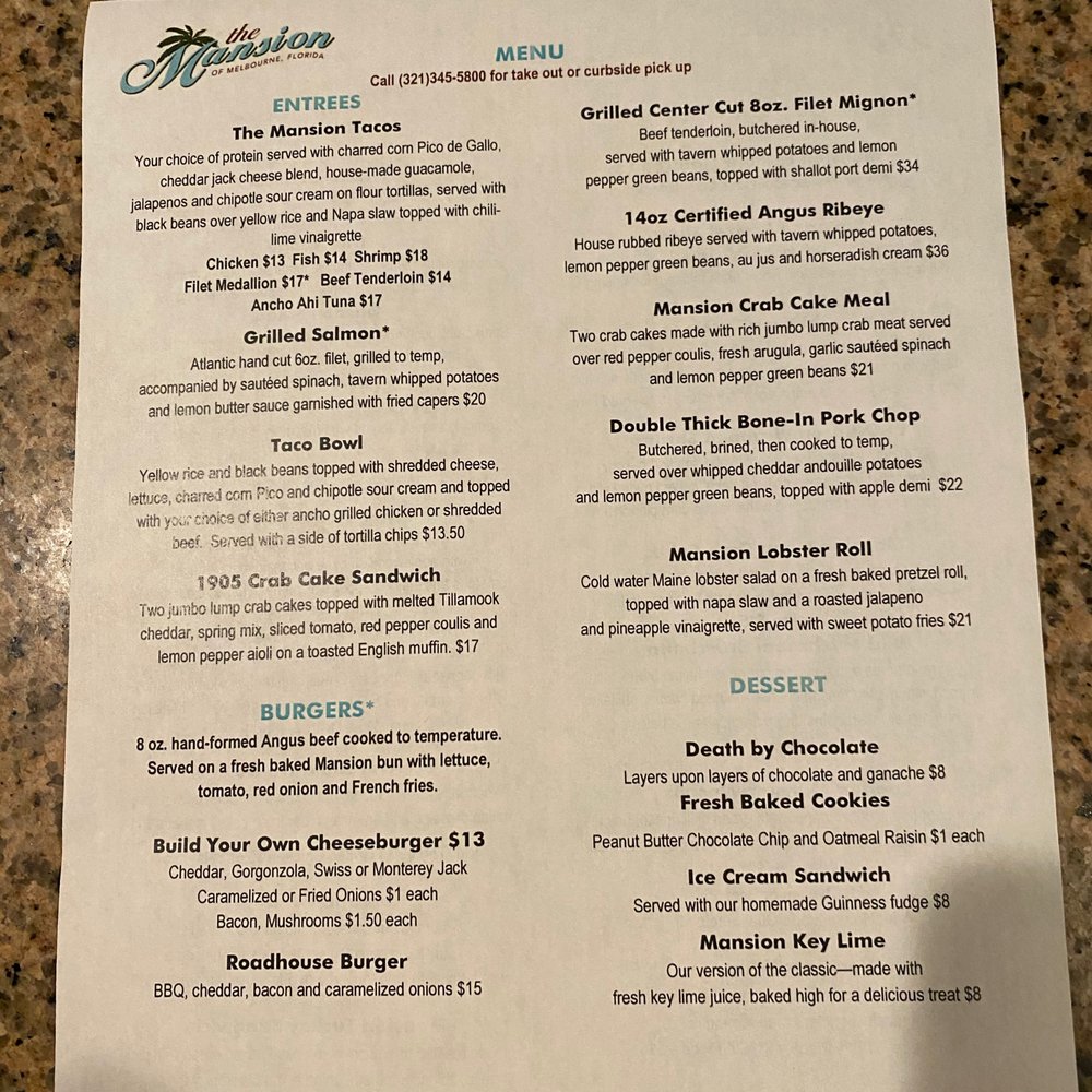 The Mansion - Menu - New American Near Me - Melbourne, Florida The Mansion - Menu - New American Near Me - Melbourne, Florida