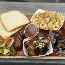 Grasslands BBQ - Hatch chili & cheddar sausage, burnt ends, pulled pork, mac & cheese