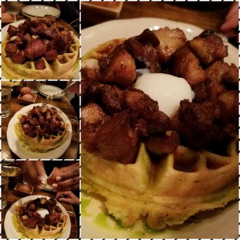 Jose and Sons - Pork belly on a waffle. Make a little well on top, crack the soft boiled egg open, pour it into the well and viola! - New American Near Me - Raleigh, North Carolina Jose and Sons - Pork belly on a waffle. Make a little well on top, crack the soft boiled egg open, pour it into the well and viola! - New American Near Me - Raleigh, North Carolina
