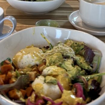 Nourish At The Meadow - Breakfast bowl with poached eggs, sweet potato, avocado and pickled onions on fresh greens. - Salad Near Me - Placerville, California