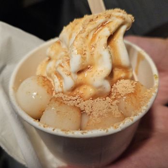 Indigo Cow - 8-3-24. Close up of my Hokkaido Milk, MBR (Mochi, Brownsugar syrup, Roasted soybean powder) - Ice Cream & Frozen Yogurt Near Me - Bellevue, Washington