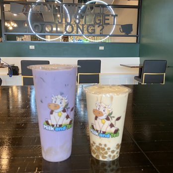 Milk and Tea - Large Taro Milk Tea with herbal grass jelly & Regular Oolong Green Tea with tapioca - Bubble Tea Near Me - Buffalo, New York Milk and Tea - Large Taro Milk Tea with herbal grass jelly & Regular Oolong Green Tea with tapioca - Bubble Tea Near Me - Buffalo, New York