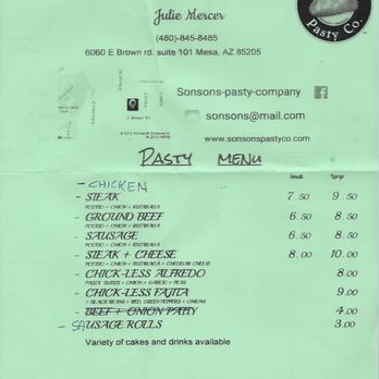 Sonsons Pasty - Current Menu - very good indeed. - British Near Me - Mesa, Arizona