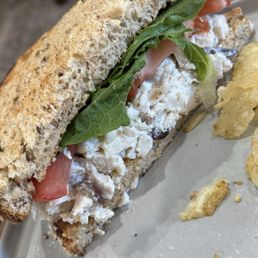 Chicken salad w/ lettuce & tomato. Hint of grape/Apple very good Chicken salad w/ lettuce & tomato. Hint of grape/Apple very good