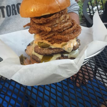 Ty's Burger House - HUGE burger - a "custom." The Bacon Western made into a double, with added jalapeños....he was hungry. - Burgers Near Me - Oceanside, California Ty's Burger House - HUGE burger - a "custom." The Bacon Western made into a double, with added jalapeños....he was hungry. - Burgers Near Me - Oceanside, California