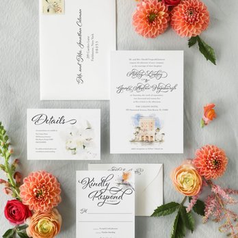 Sohan Khalsa Creative - Wedding invitation suite with modern and watercolor style venue and floral illustrations - Calligraphy Near Me
