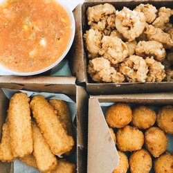 Aloha Krab - Crab Bisque, Fried Mozzarella Cheese, Crispy Calamari, and Hush Puppies.