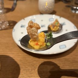 Pimento cheese and pork rind amuse bouche Pimento cheese and pork rind amuse bouche