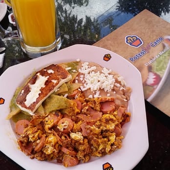 Potzolcano - Custom arrangement : chilaquiles verdes con revoltosos y frijoles fritos - Mexican Near Me - Santa Ana, California