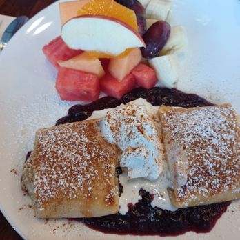 Mely's Cafe - Cheese blitnz on blueberry compote with fresh fruits. - Italian Near Me - San Pablo, California Mely's Cafe - Cheese blitnz on blueberry compote with fresh fruits. - Italian Near Me - San Pablo, California