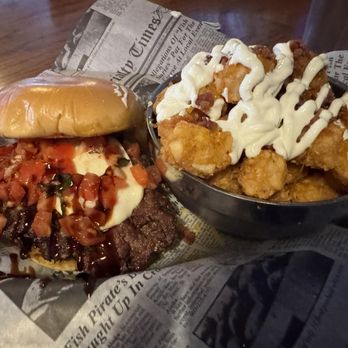 Blue Dog Tavern - The "Let's Smash Burger" and loaded tots. - Burgers Near Me - Grand Rapids, Michigan