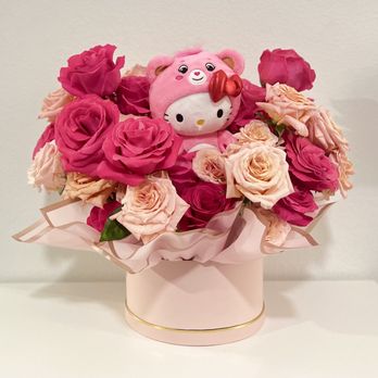 Luxe House Studio - Hello Kitty Birthday flower arrangement in round box. - Floral Designers Near Me Luxe House Studio - Hello Kitty Birthday flower arrangement in round box. - Floral Designers Near Me
