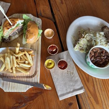 Rosamunde Sausage Catering - Cheeseburger with lettuce, thick pickles and fries. Single brat with kraut, beans and potato salad. - Caterers Near Me Rosamunde Sausage Catering - Cheeseburger with lettuce, thick pickles and fries. Single brat with kraut, beans and potato salad. - Caterers Near Me