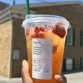 Starbucks - Mango Strawberry Lemonade Refresher $5.45 (Grande - medium size) - 16fl oz size / on Saturday, 9 May 2026 - Coffee & Tea Near Me - Rocky River, Ohio Starbucks - Mango Strawberry Lemonade Refresher $5.45 (Grande - medium size) - 16fl oz size / on Saturday, 9 May 2026 - Coffee & Tea Near Me - Rocky River, Ohio