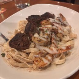 Steak and shrimp over pasta Steak and shrimp over pasta