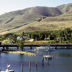 Chelan House Bed & Breakfast - View of B&B, above old bridge, left of center