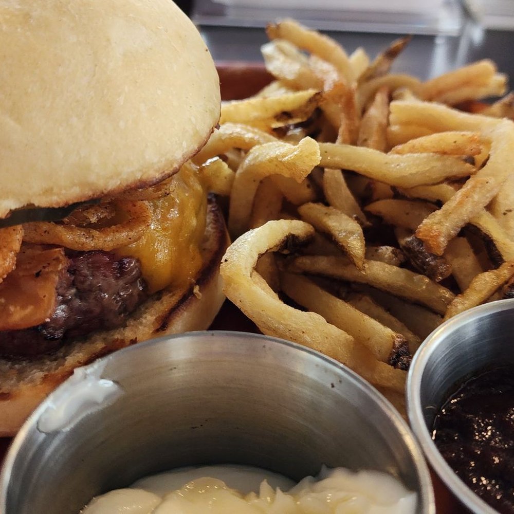 Trailblazer Cafe - Bacon Cheddar Q Burger, sauces on side $17 - Cafes Near Me - San Antonio, Texas Trailblazer Cafe - Bacon Cheddar Q Burger, sauces on side $17 - Cafes Near Me - San Antonio, Texas