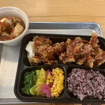 Honey Spicy - K-Pop Chicken Bowl with honey spicy sauce and an order of fried dumplings. - Korean Near Me - Tigard, Oregon