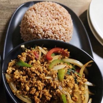 Red Chili Restaurant - Combo 2 (Stir-fry) - basil chicken with brown rice - Thai Near Me - San Jose, California
