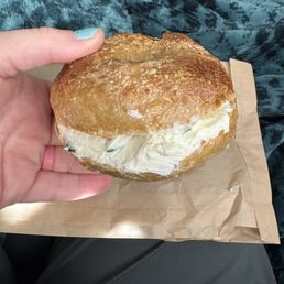 Rosemary sour dough bagel with a scallion shmear (I didn't taste rosemary so I think this might just be their plain one?) Rosemary sour dough bagel with a scallion shmear (I didn't taste rosemary so I think this might just be their plain one?)