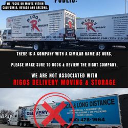 Rigos Moving & Storage - IMPORTANT MESSAGE TO OUR CUSTOMERS:
There is a company with a similar name as ours. Please make sure to book & review the right company.