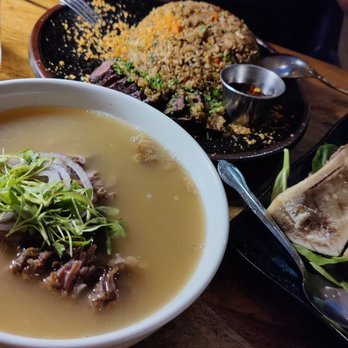Bone Kettle - prime fatty brisket bone broth, bone marrow, and nasi goreng with added garlic wagyu ribeye cap - Breakfast & Brunch Near Me - Pasadena, California