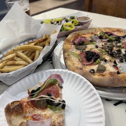 Crust - Pizza Supreme, Fries, Salad, and Amber Ale (house brewed)