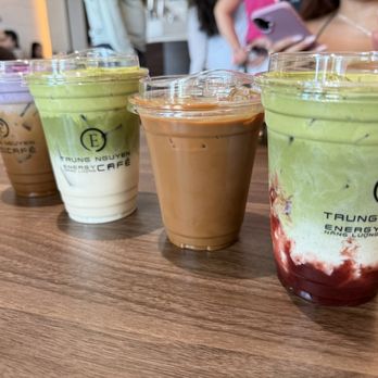 Trung Nguyen E Coffee - Left to right: Ube coffee, matcha, iced coffee, strawberry matcha - Coffee & Tea Near Me - Frisco, Texas Trung Nguyen E Coffee - Left to right: Ube coffee, matcha, iced coffee, strawberry matcha - Coffee & Tea Near Me - Frisco, Texas