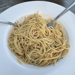 Garlic and olive oil spaghetti with red pepper flakes. Spicy, fyi. Garlic and olive oil spaghetti with red pepper flakes. Spicy, fyi.
