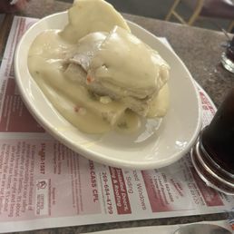 Open faced turkey with mashed potatoes.