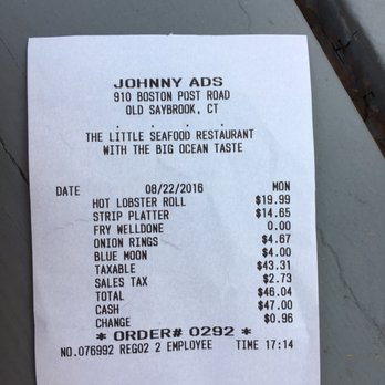 Johnny Ads - Receipt to give an idea of prices since I didn't take one of the menu. - Seafood Near Me - Old Saybrook, Connecticut