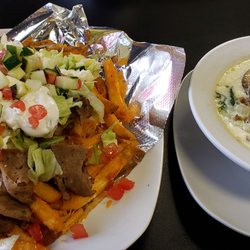 Foodies Restaurant & Grill - Half order Olympus fries and cup of zuppa toscana.