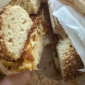 Modern - Egg, cheese, and homemade vegan bacon sandwich on sesame bagel - Bakeries Near Me - Los Angeles, California