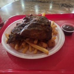1/2 slab of pork ribs, fries, hush puppies and sweet tea.