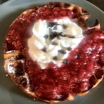 Heidi’s Huggamug Cafe - Strawberry chocolate chip waffle-less blurry in person! :D - Breakfast & Brunch Near Me - Lake City, Minnesota