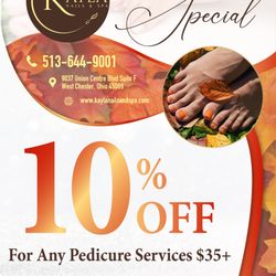 KAYLA NAILS AND SPA - OCTOBER SPECIAL
Our address: 9037 UNION CENTRE BLVD SUITE F, WEST CHESTER, OH 45069
Our phone: 513-644-9001
