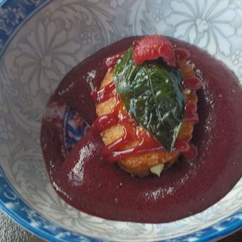 Tongue In Cheek - Deep fried pound cake with basil and raspberry sauce (OUTSTANDING) - New American Near Me - Saint Paul, Minnesota