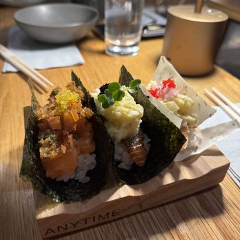 Anytime Kitchen Fort Lee - Temaki set (L to R): salmon, marinated salmon, salmon ponzu - Sushi Bars Near Me - Fort Lee, New Jersey Anytime Kitchen Fort Lee - Temaki set (L to R): salmon, marinated salmon, salmon ponzu - Sushi Bars Near Me - Fort Lee, New Jersey