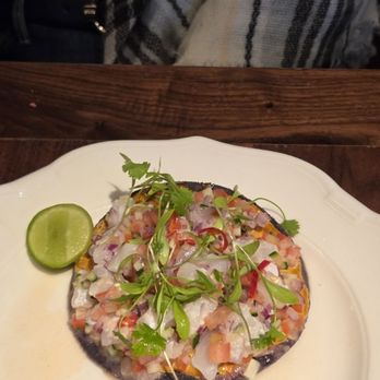Cuerno - Ceviche Regio (Fresh Halibut, serrano, leche de tigre, agave honey, crispy chicharron, charred tostado). - Steakhouses Near Me - New York, New York Cuerno - Ceviche Regio (Fresh Halibut, serrano, leche de tigre, agave honey, crispy chicharron, charred tostado). - Steakhouses Near Me - New York, New York