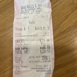 Receipt for 2 little girls and myself for regular pedicures and manicures. So sad. Not worth it at all. Receipt for 2 little girls and myself for regular pedicures and manicures. So sad. Not worth it at all.