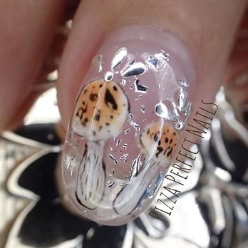 Pizza Perfect Nails - Closeup of tiny hand painted mushrooms using Vetro gel over foil. - Nail Salons Near Me - Oakland, California Pizza Perfect Nails - Closeup of tiny hand painted mushrooms using Vetro gel over foil. - Nail Salons Near Me - Oakland, California