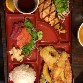 O' Sushi - Dinner bento with three items: sashimi (5 pieces), tempura, salmon teriyaki. $15.95 and comes with miso soup + salad - Sushi Bars Near Me - Newark, California O' Sushi - Dinner bento with three items: sashimi (5 pieces), tempura, salmon teriyaki. $15.95 and comes with miso soup + salad - Sushi Bars Near Me - Newark, California