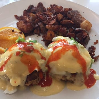 Four Friends Kitchen - Crab cake and fried green tomato eggs benedict. - Southern Near Me - Denver, Colorado Four Friends Kitchen - Crab cake and fried green tomato eggs benedict. - Southern Near Me - Denver, Colorado
