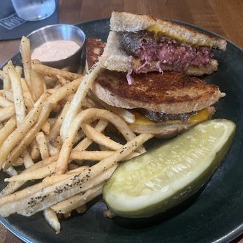Reunion Kitchen + Drink - Patty melt and shoestring fries, patty, melt cooked rare just like I like it - New American Near Me - Corona, California