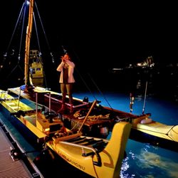 Now boarding the Kamakahonu canoe for the  1-hour Manta Rays Snorkel Night Tour in Keauhou Bay
