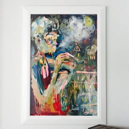 White frame, on glass. 36 by 46 painting. Quick and well done White frame, on glass. 36 by 46 painting. Quick and well done